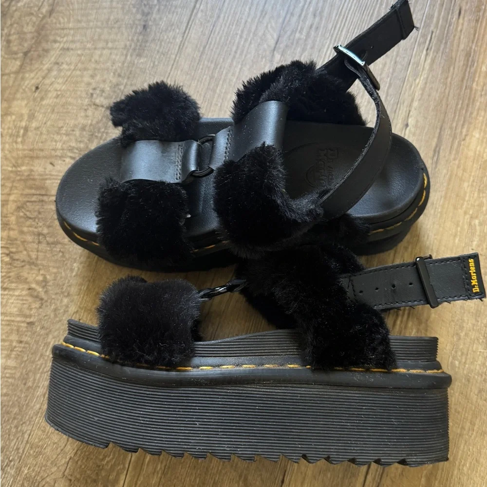 Black Faux-Fur Dr. Martin Sandals